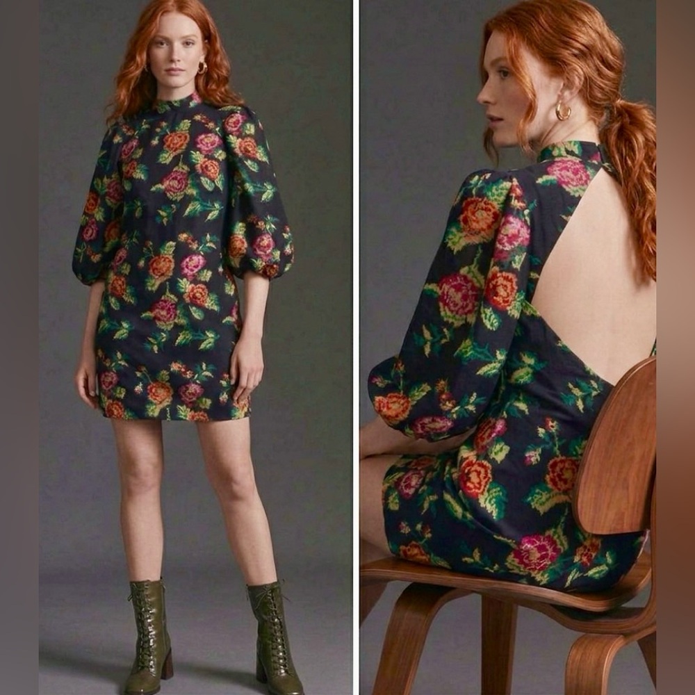 EVA Franco Black Floral Backless Embroidered Cross Stitch Smocked Mini Dress 6